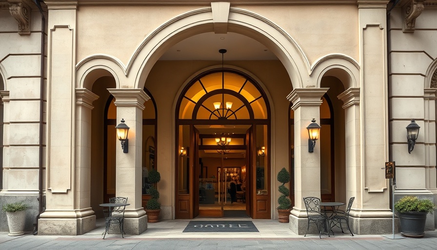 Elegant boutique hotel entrance with arches and seating.