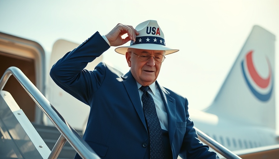 Supreme Court ruling expands Trump power, man adjusts hat on airplane stairs.