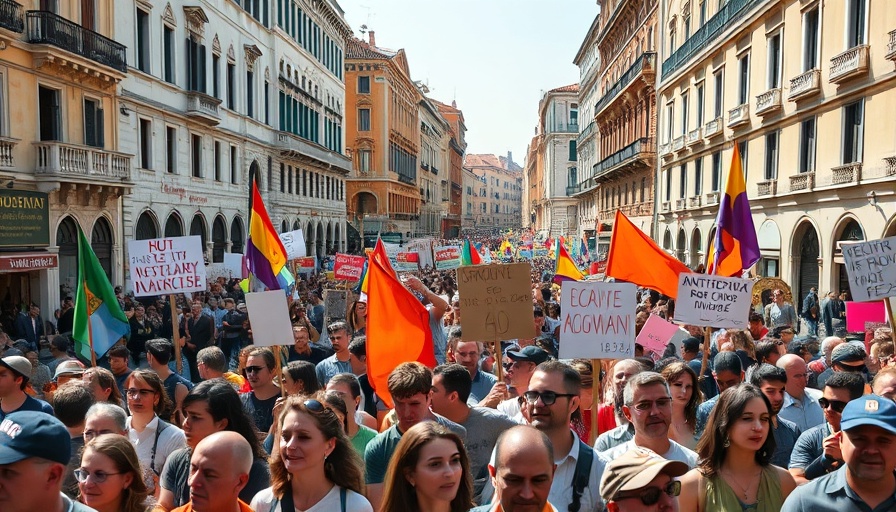 Venice protest against Bezos wedding with colorful banners and crowd.