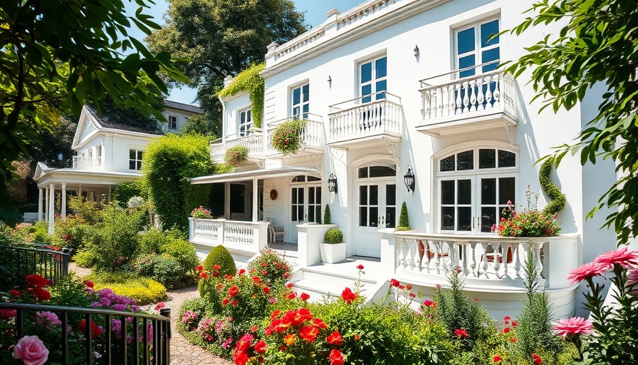 Charming boutique hotel with lush gardens, vibrant flowers, classic architecture.