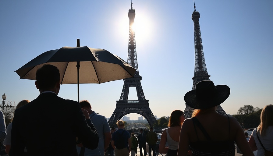 Silhouetted people in Paris use an umbrella for shade near the Eiffel Tower during heatwave.