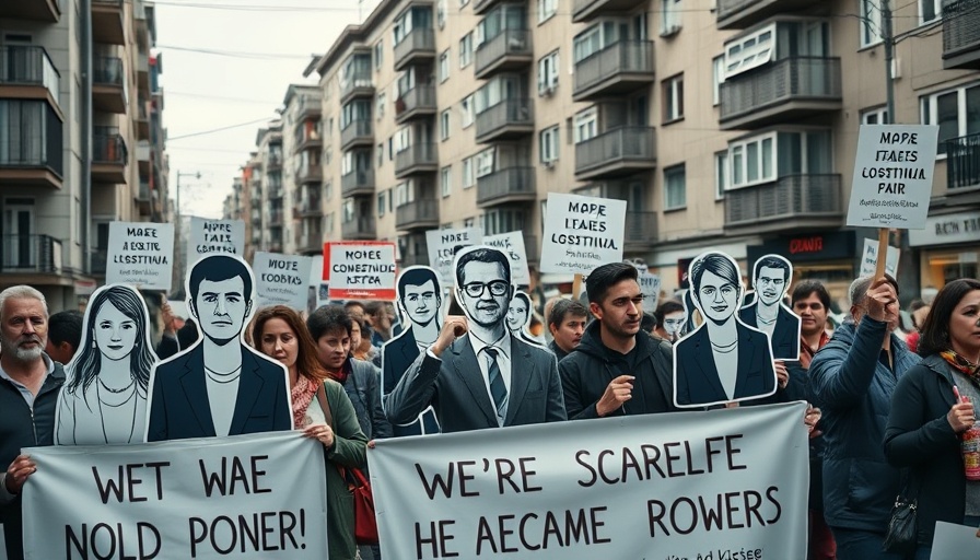 Urban protest with large cutout faces and banners