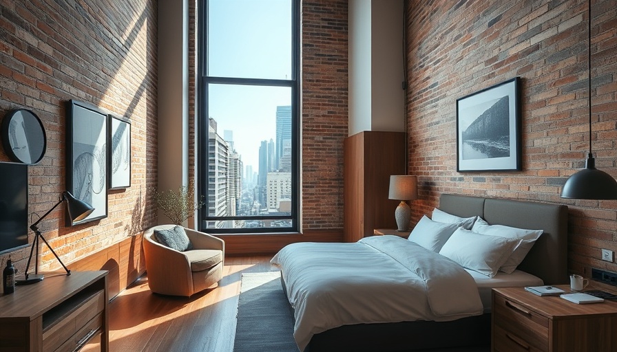 Luxury boutique hotel room with modern design and city view.