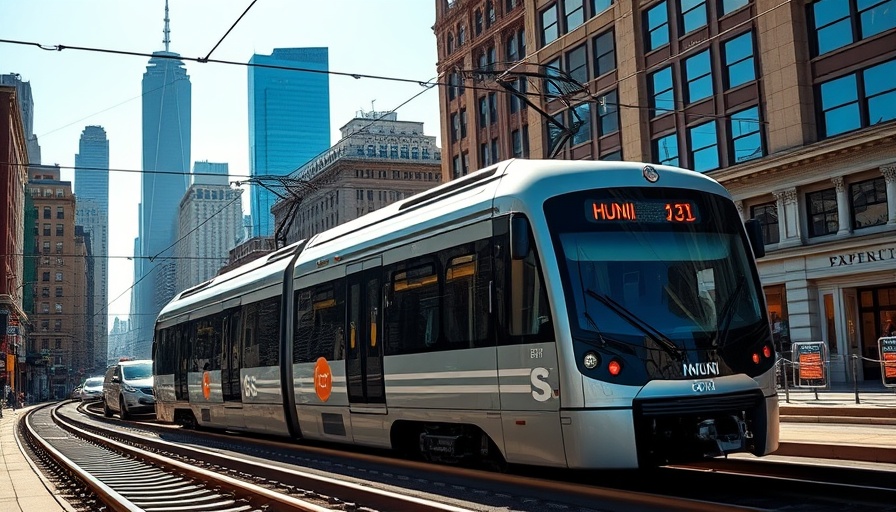 Modern Muni train in city, highlighting train control system upgrade.