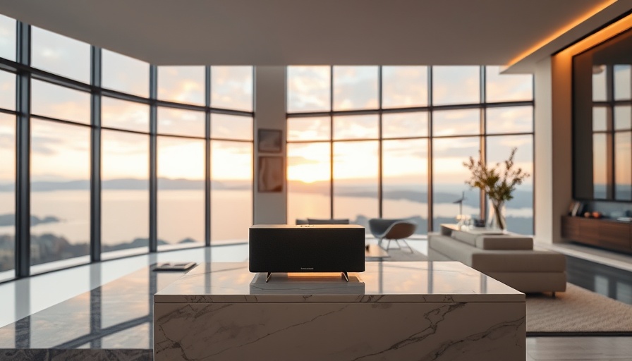 Bang & Olufsen Returns to Bay Area: Luxurious living room with speaker and sunset view.