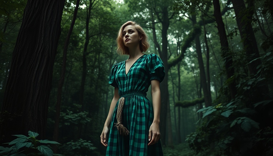 Surreal artwork of a woman in a green dress in a forest, San Francisco cultural events.