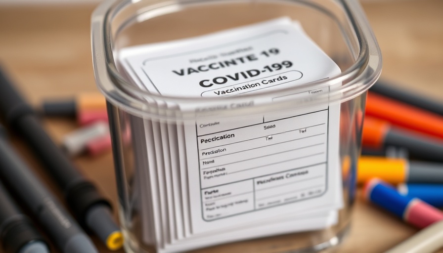 Blank Covid-19 vaccination cards in a container, representing fake Covid-19 vaccine cards.