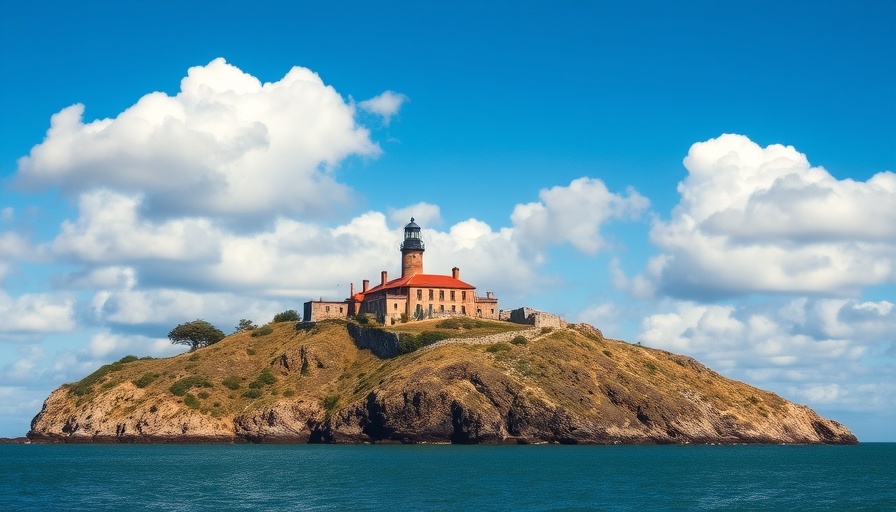 Alcatraz Island with lighthouse and historic prison buildings under blue sky.