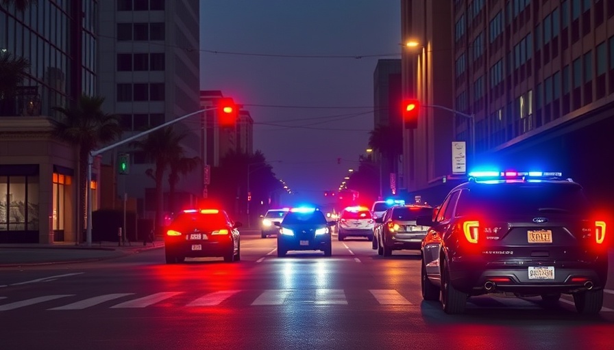 Police SUVs with flashing lights at night in Los Angeles street.