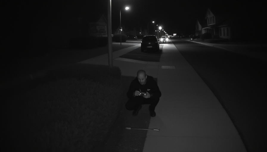 Grainy surveillance image showing person near bushes at night.