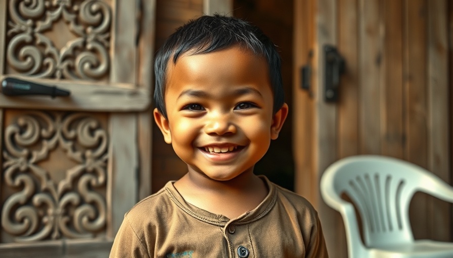 Young child smiling outdoors in rustic setting