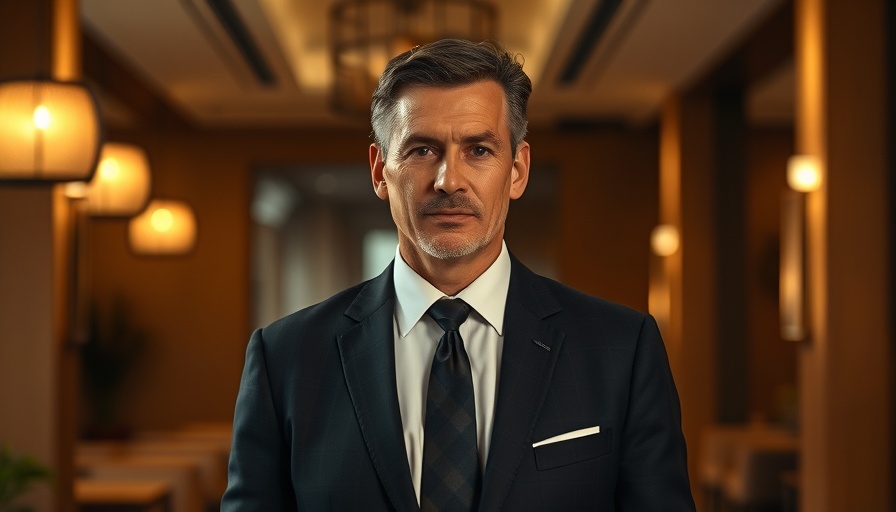 Middle-aged man in a suit, luxury boutique hotels interior, elegant setting.