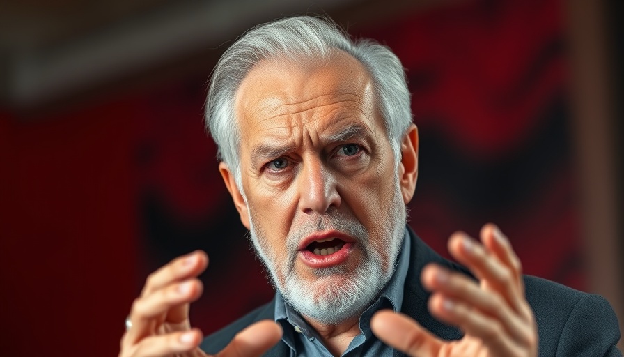 Older man speaking at a microphone with a serious expression.