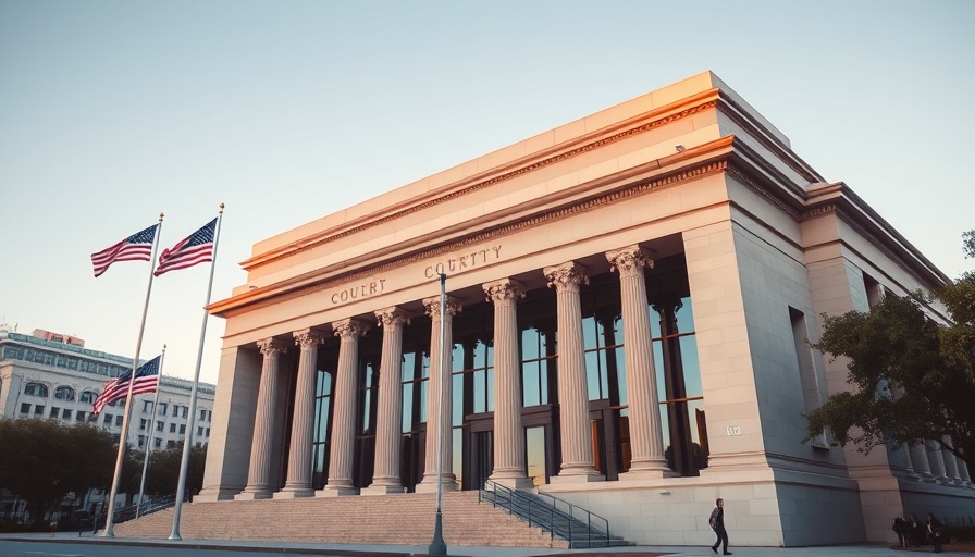 Massachusetts courthouse building, evening setting, American flags.
