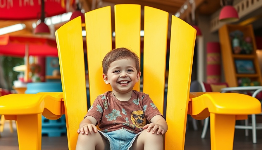 Young boy smiling on a large yellow chair at Margaritaville, bright day.