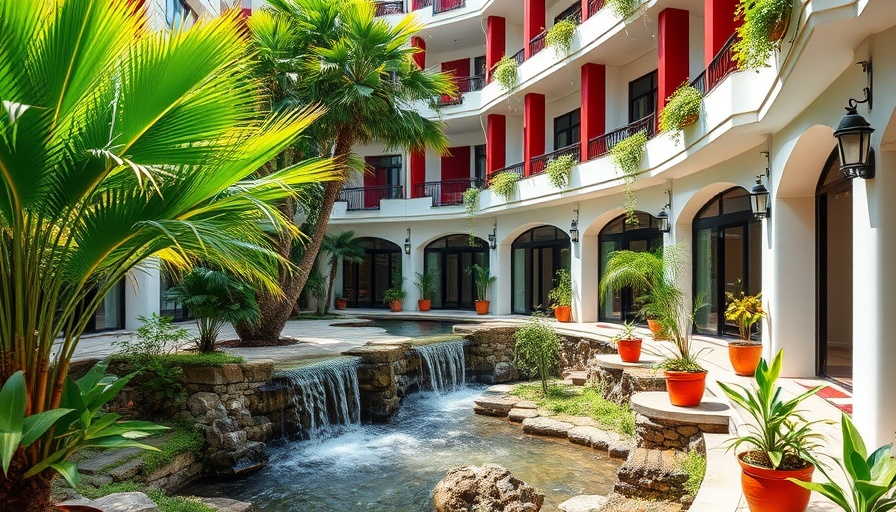 Charming hotel courtyard in Nairobi with lush greenery.