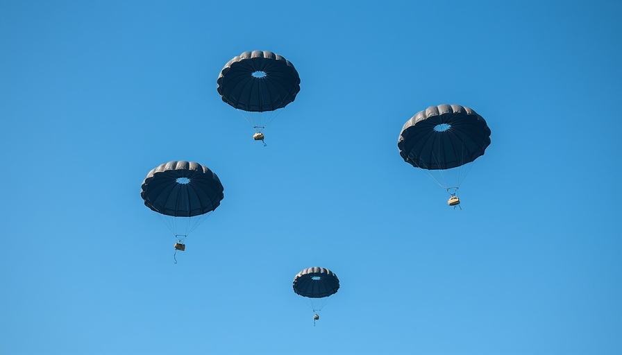 Parachutes in blue sky for Canadian Armed Forces airdrop.