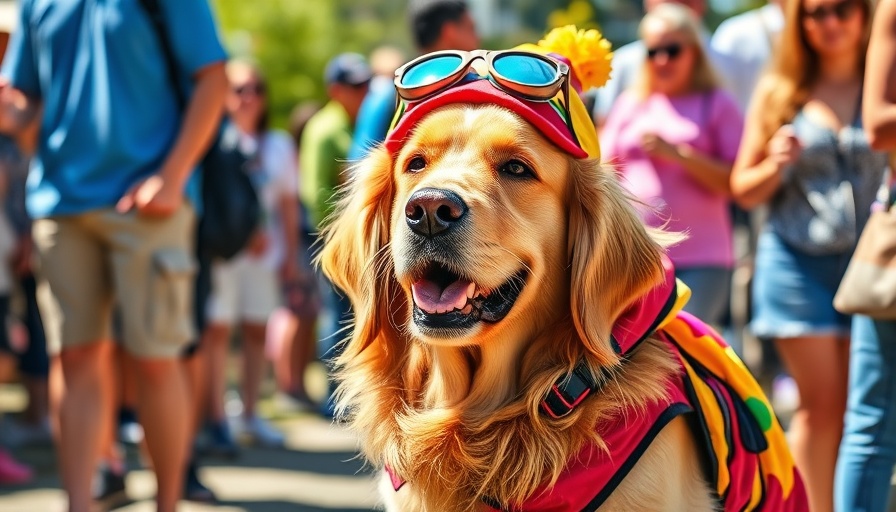 Golden retriever in colorful costume at outdoor event, Brixton Cancer Treatment Fund.