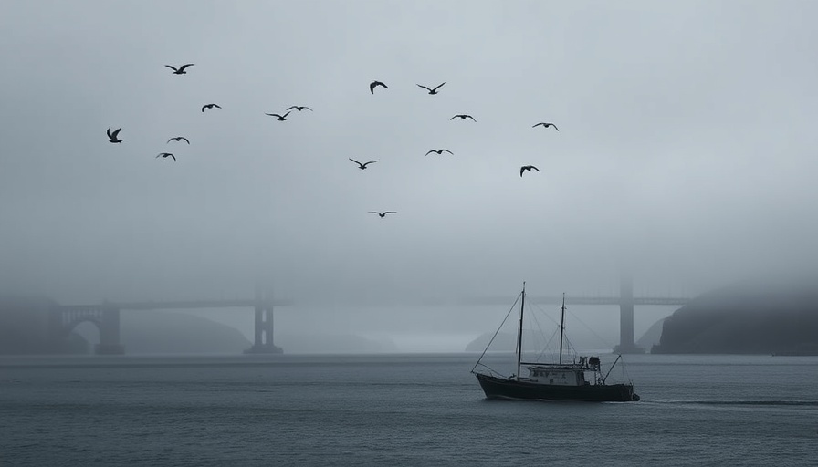 Foggy San Francisco Bay with fishing boat and birds.