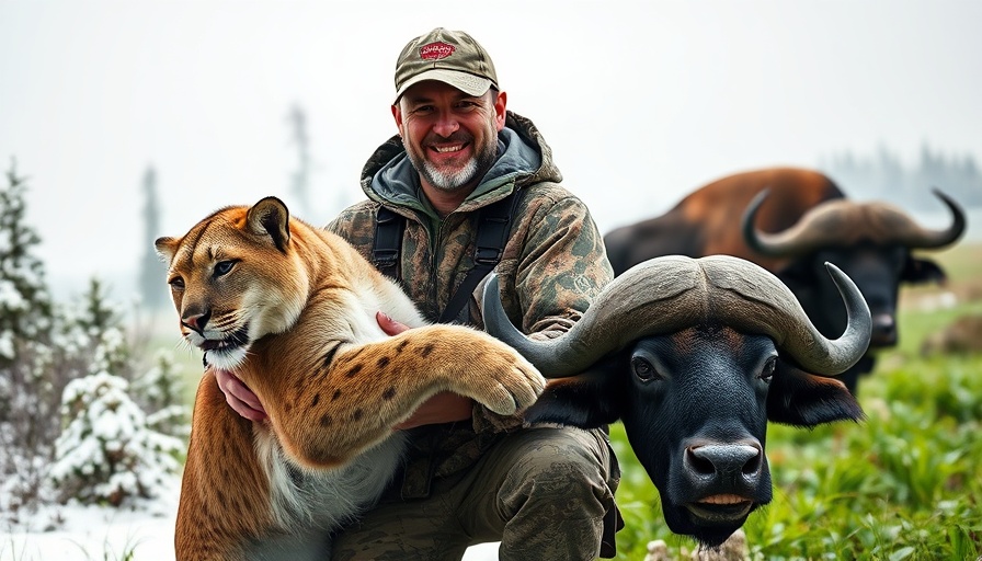 Hunter holding mountain lion and buffalo in wetlands, contrasting environments.
