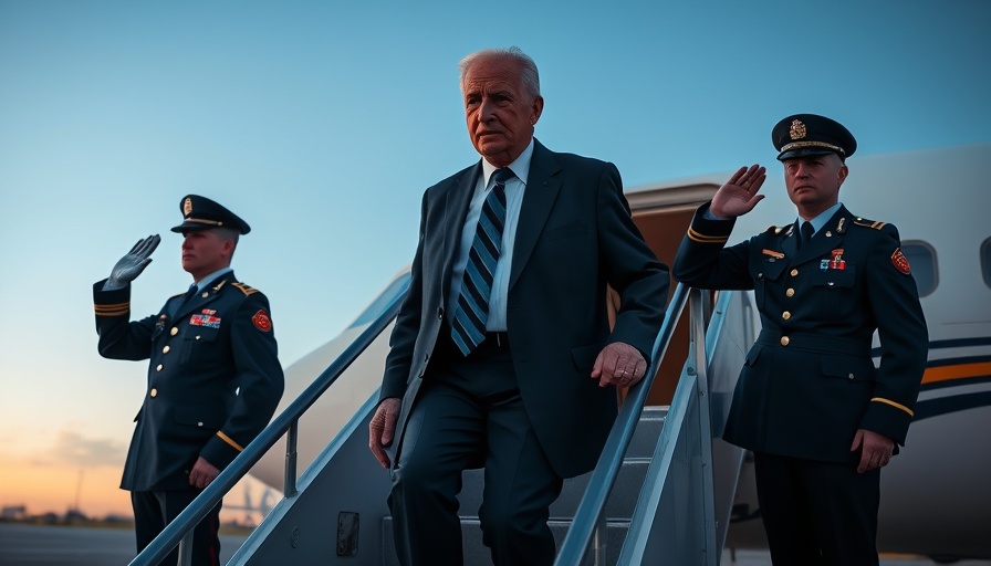 Older man ascending airplane stairs, saluted by military.