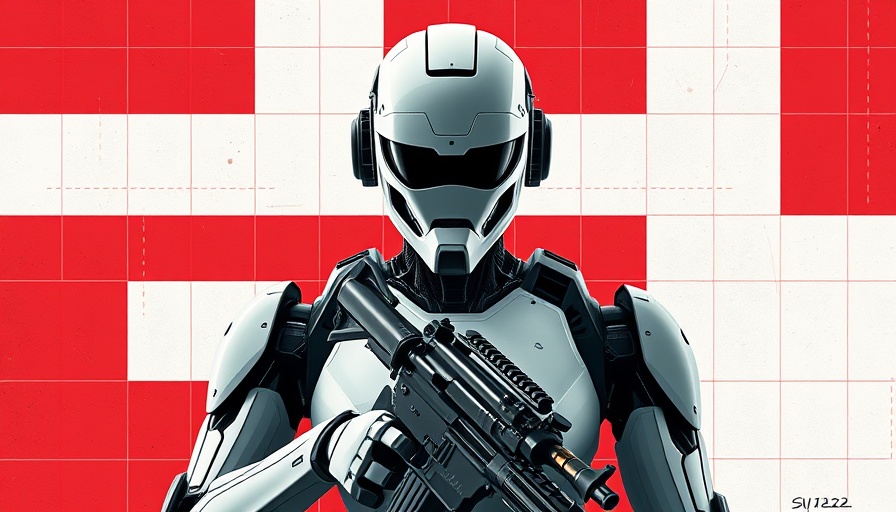 Futuristic design of militarizing humanoid robots with weaponry.