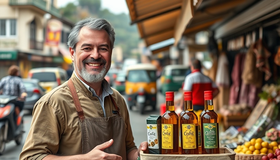 San Francisco local news features olive oil vendor at outdoor market.