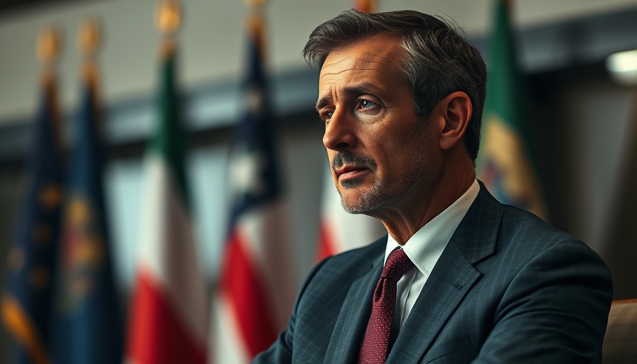 Mature man in suit appearing thoughtful against a blurred background with flags.
