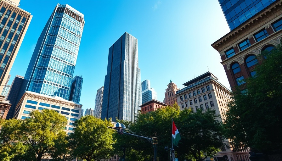 Cityscape with skyscrapers and historic building.