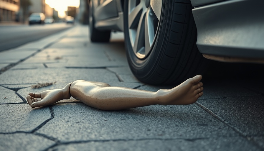 Lost limb San Francisco: mannequin leg by car on city sidewalk.