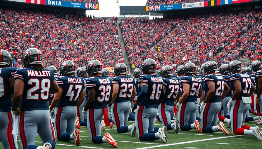 NFL players kneeling during anthem in stadium.