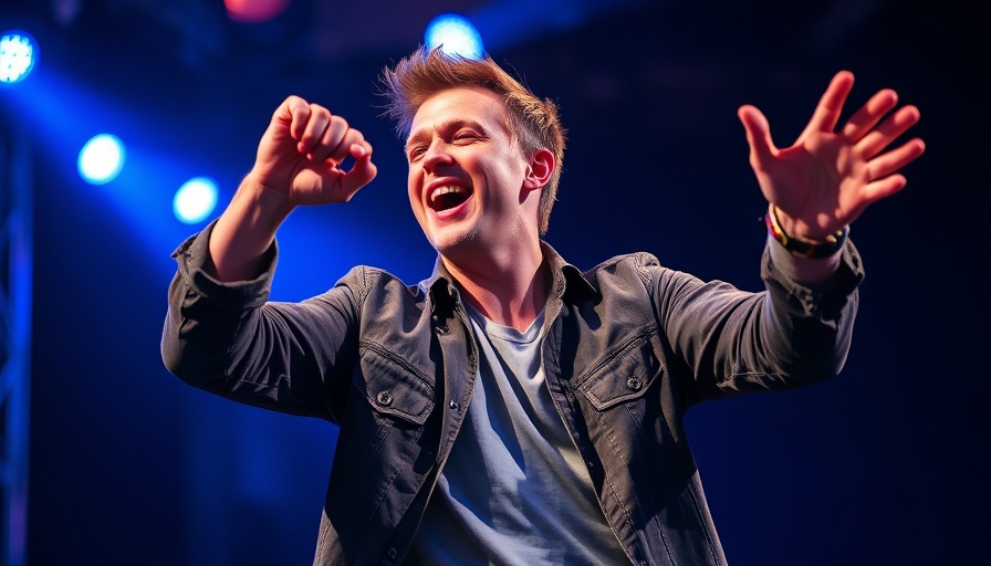 Charismatic male singer performing energetically on stage with blue spotlight.