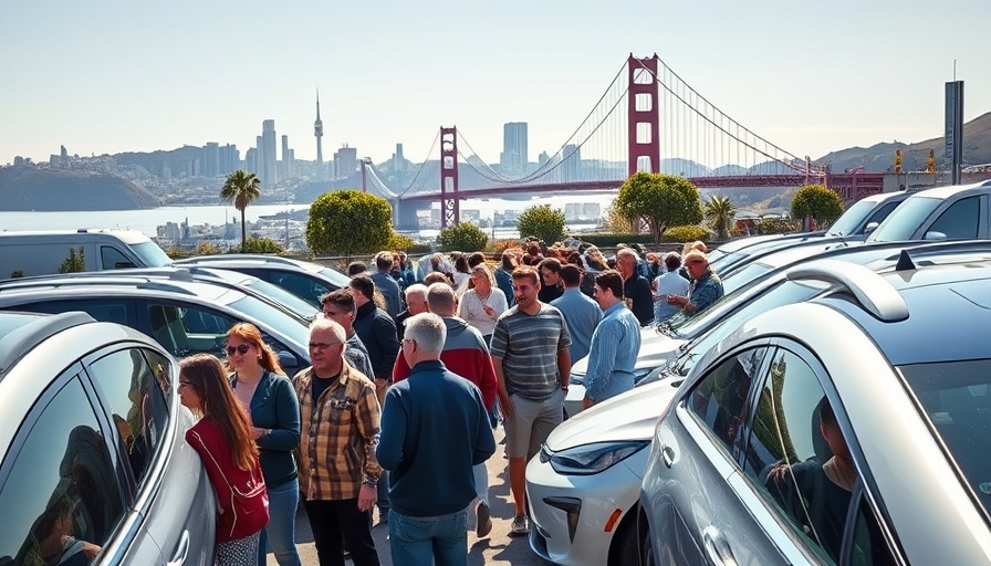 California event highlighting electric vehicles with view of city skyline.