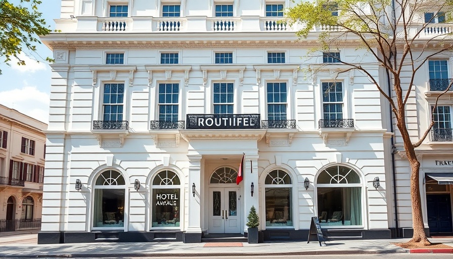 Elegant classical facade of boutique hotel near me with large windows.