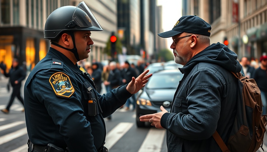 San Francisco local news scene with police officer confronting protester in city intersection.