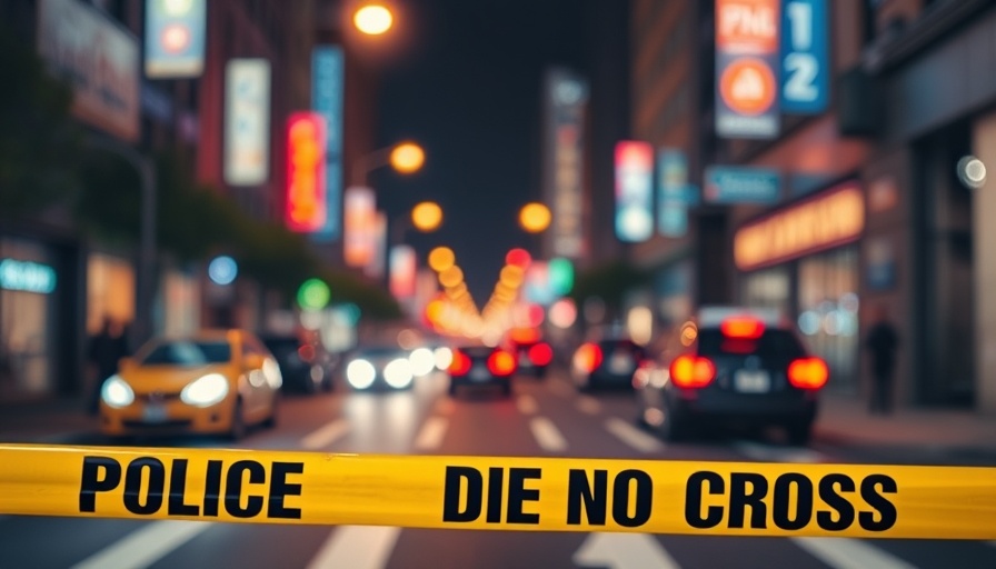 Police tape at a nighttime crime scene in a city street.