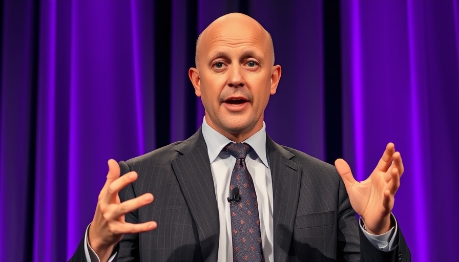 Animated man speaking at event with purple lighting.