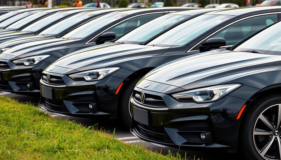 Row of modern black cars in parking lot illustrating EU auto tariffs ease in US trade deal.