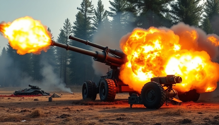 Major Russian attack on Ukraine showing artillery cannon firing in forest.