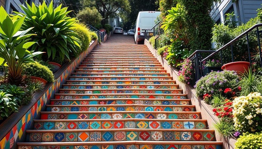 16th Avenue Tiled Steps San Francisco with colorful mosaic and lush surroundings.
