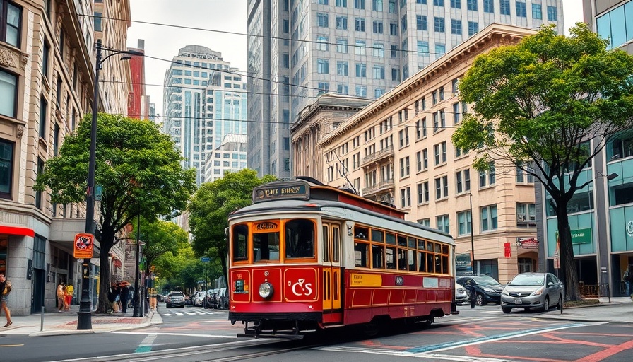 San Francisco News: Vintage streetcar among historic and modern buildings.