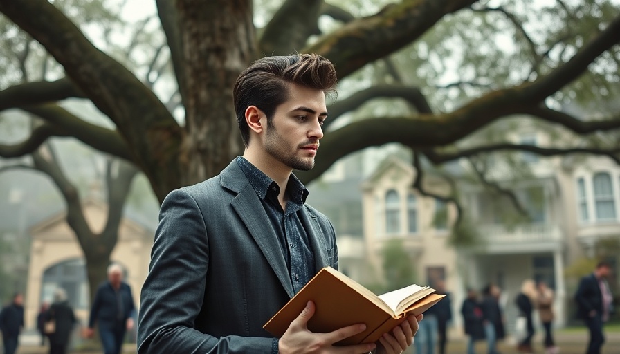 Stylish male in San Francisco park holding a book, surrounded by a crowd.