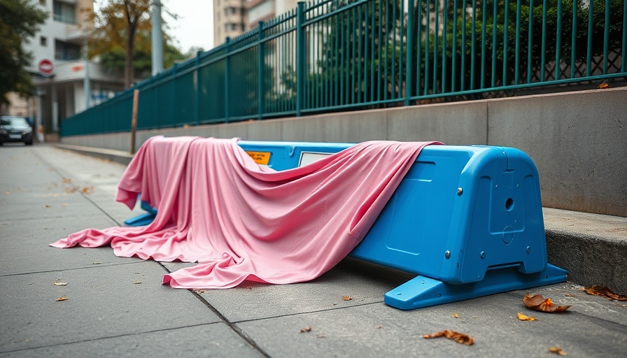 San Francisco sidewalk with blue barrier in pink fabric.