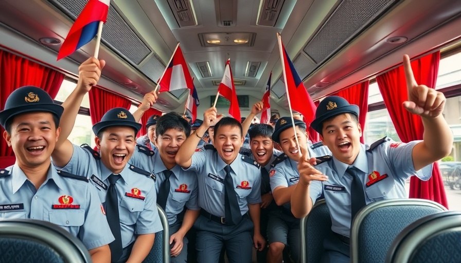Uniformed men displaying flags inside a bus.