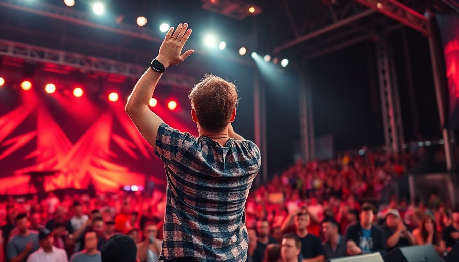 Male musician in Croatia making a salute gesture on stage