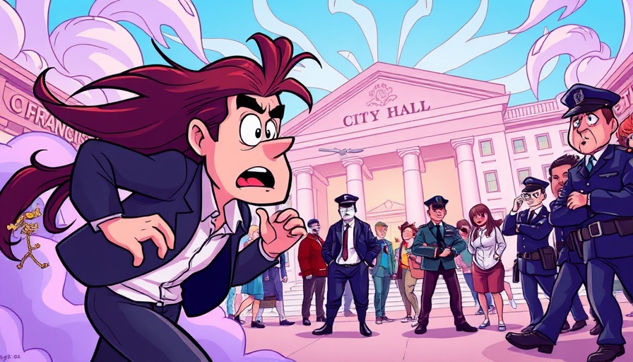San Francisco local news cartoon scene with chaotic city hall backdrop.