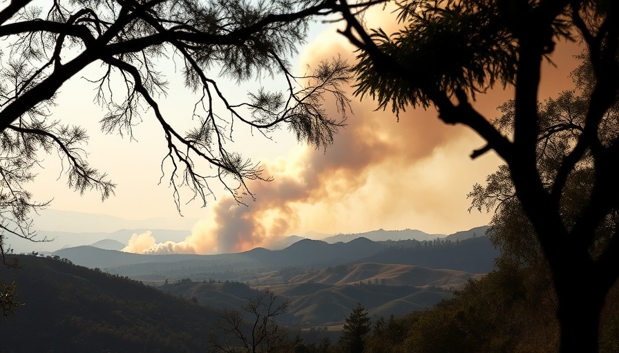 Pickett Fire in Napa Valley seen through branches during grape harvest.