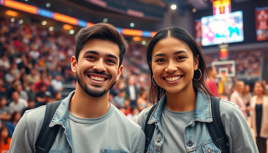 Young couple enjoying a lively basketball game with a cheering crowd.