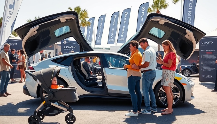 Family viewing electric car at California auto show, stroller nearby.