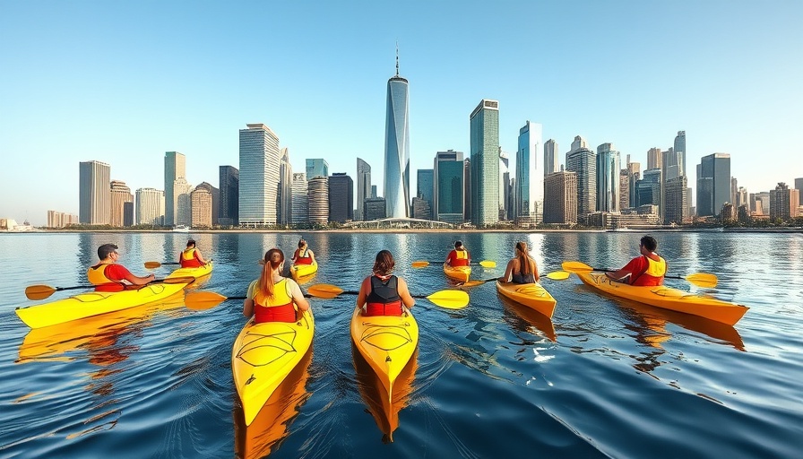Mission Creek Kayak and Paddle Board Programs participants kayaking by city skyline.